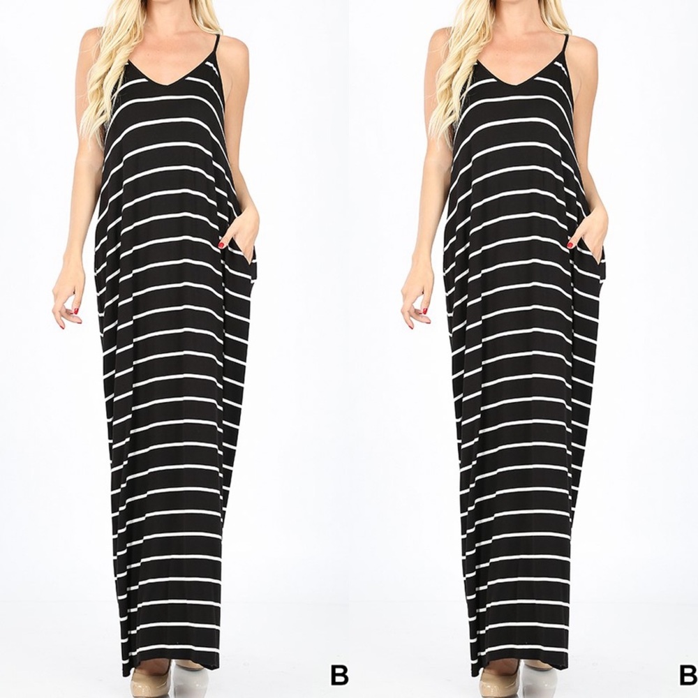 black & white Striped Vneck maxi dress w pockets
